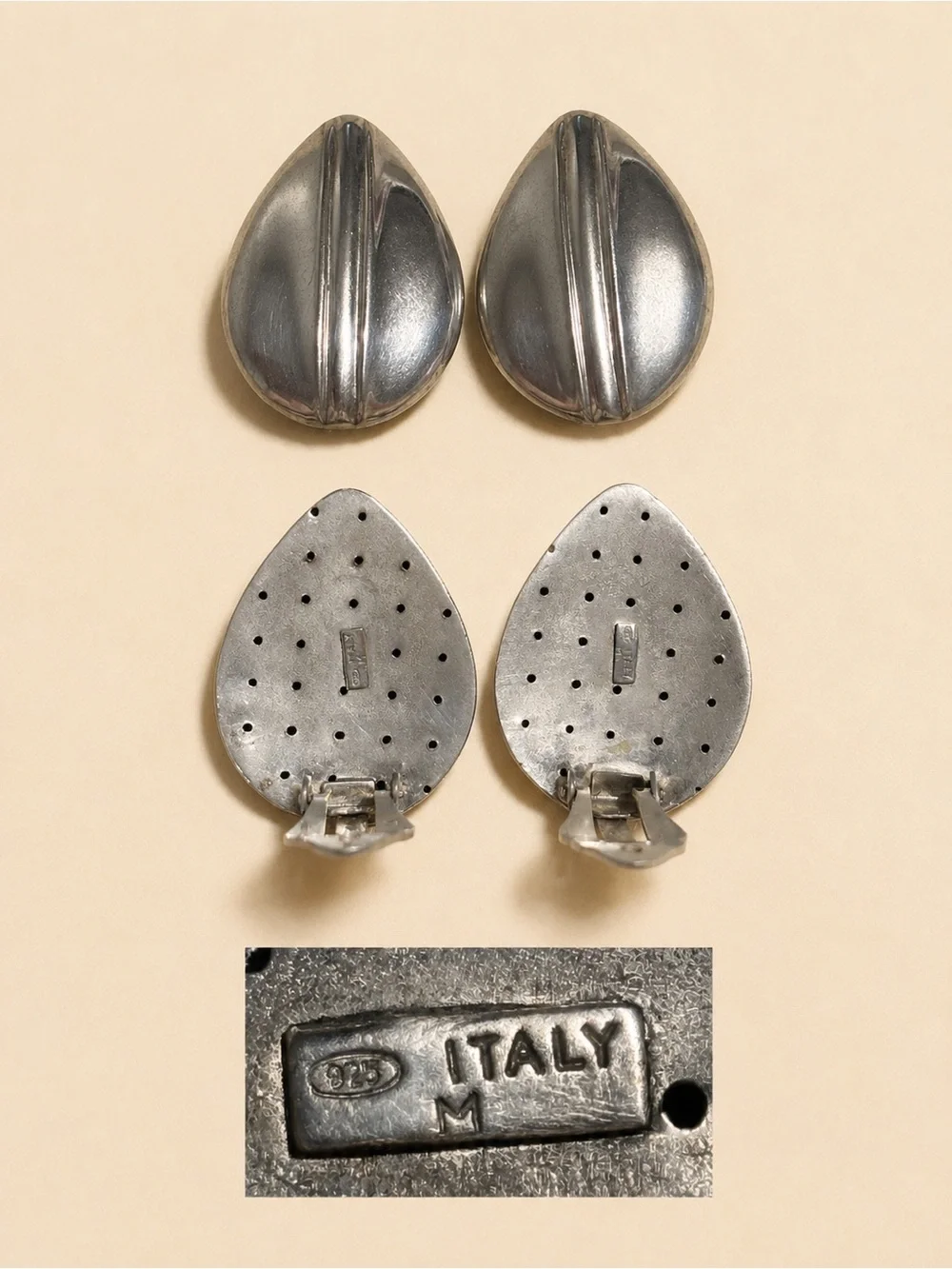 Vintage Italian 925 Sterling Silver Puffed Teardrop Clip On Earrings 80s 90s